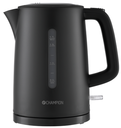 Champion elkedel 1,7 L mat sort med vandstandsindikator 0,5-1,7L og automatisk slukning.