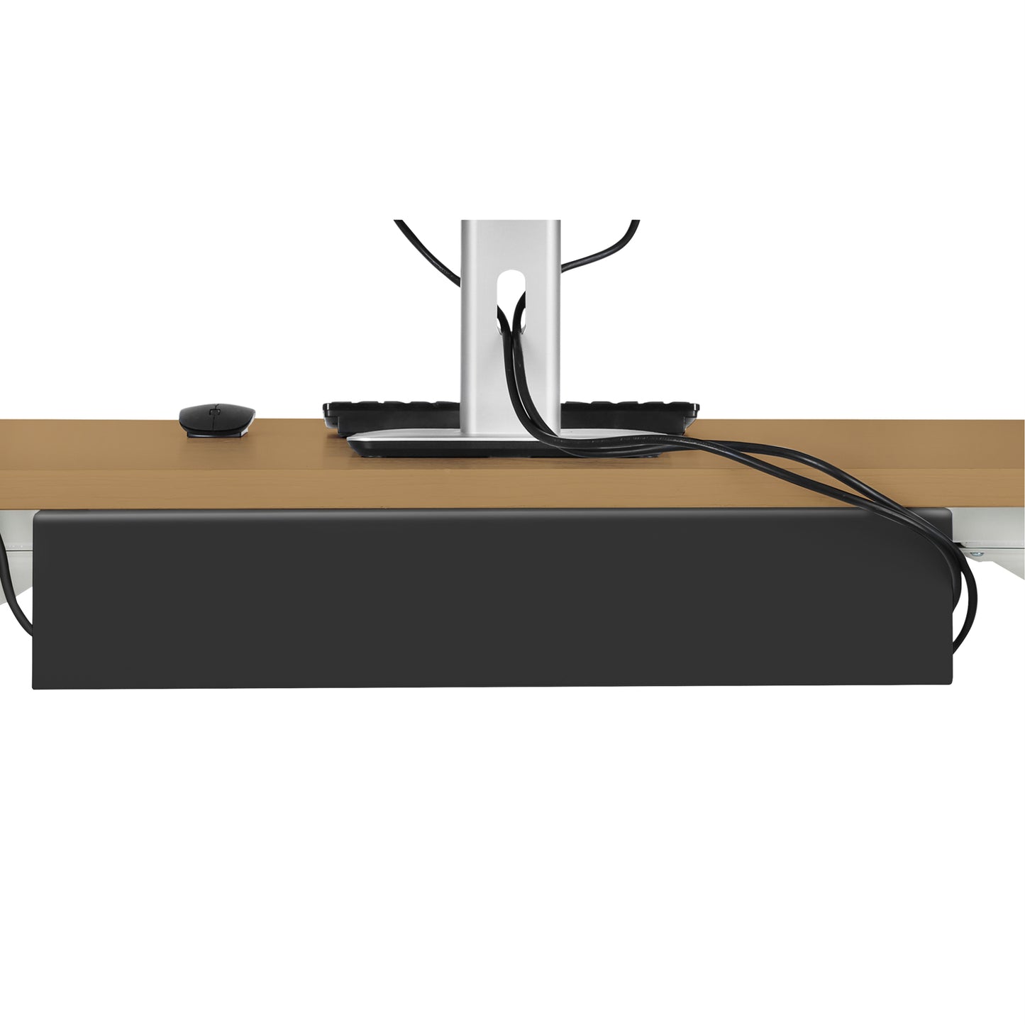 Logilink Kabelkanal sorterer til montering under skrivebord, kabler føres gennem monitorstativ for organiseret kabelstyring.