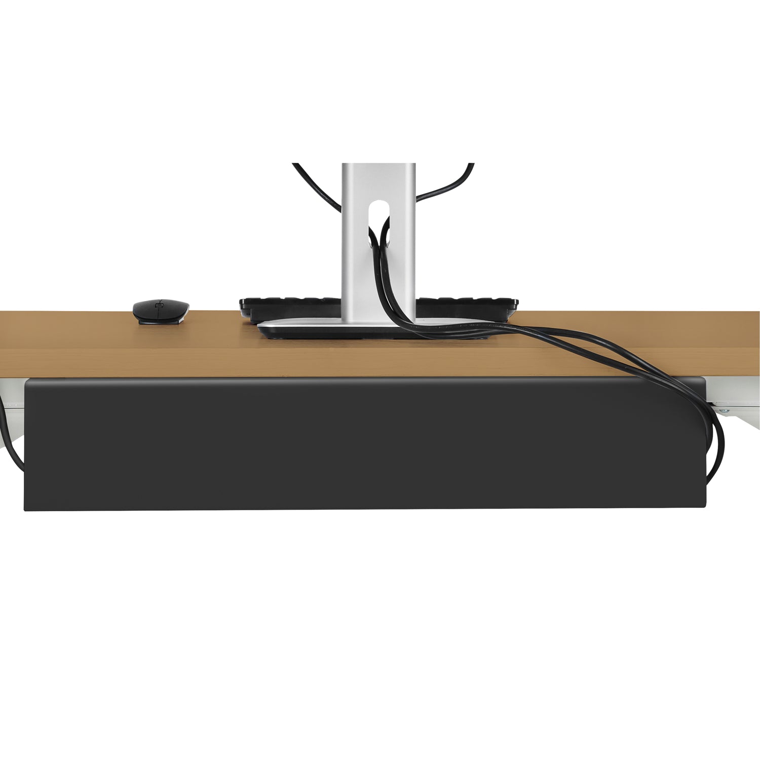Logilink Kabelkanal sorterer til montering under skrivebord, kabler føres gennem monitorstativ for organiseret kabelstyring.