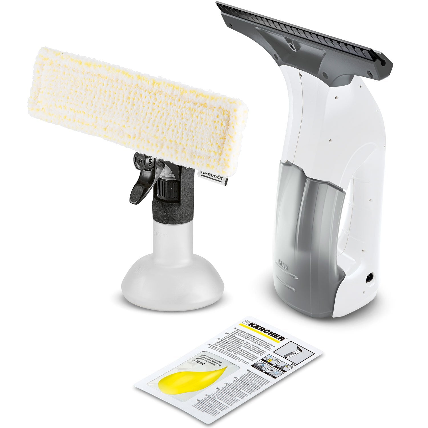 Kärcher WV 1 Plus vinduesvasker hvid/grå med sprayflaske, mikrofiberpad og brugervejledning, batteridrevet.