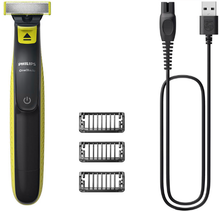 Philips OneBlade barbermaskine med tænd/sluk-knap, tre aftagelige kamme og USB-ladekabel.