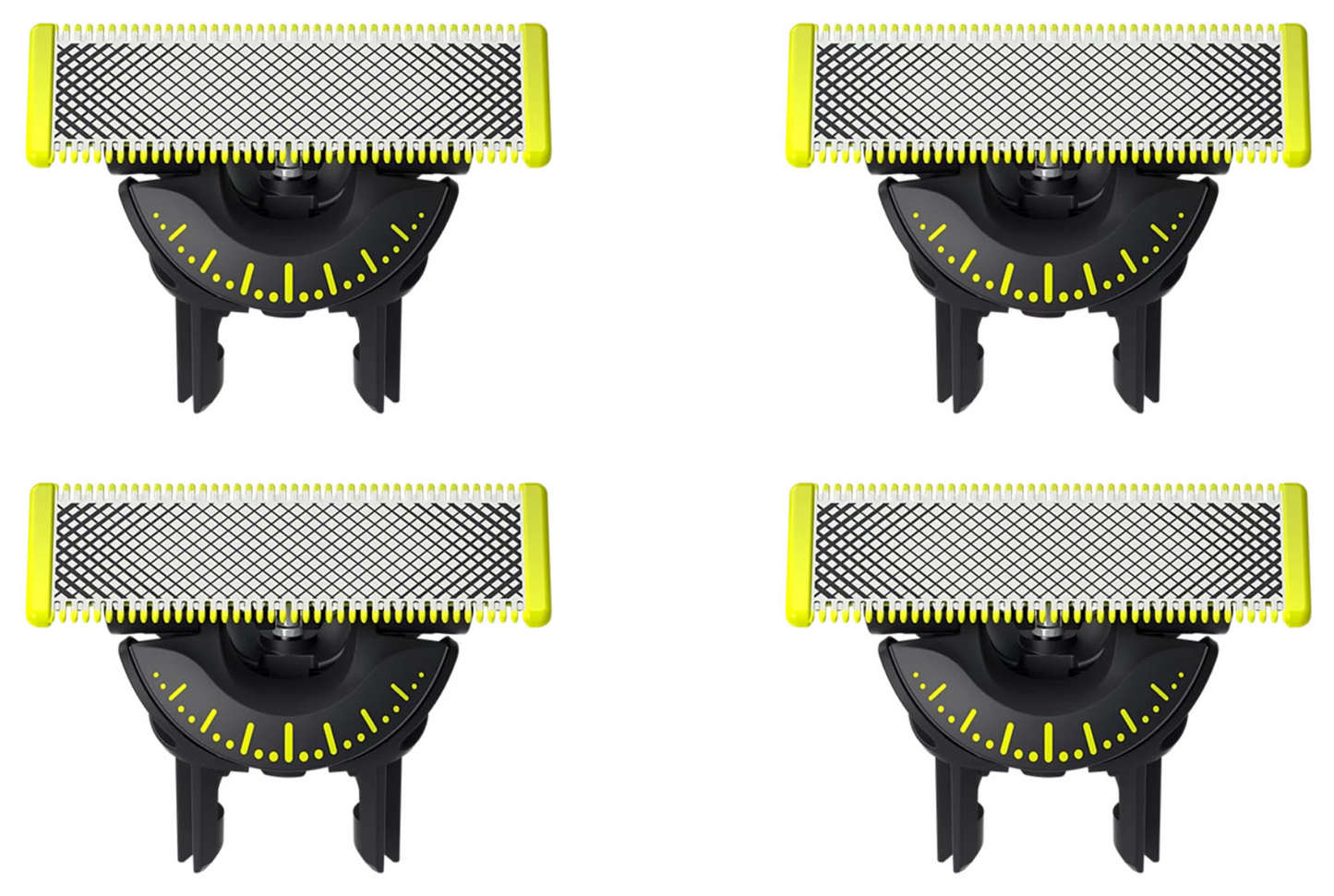 Philips OneBlade QP440/50 360 udskiftningsblade 4-pak, gule kanter, sorte baser, arrangeret i et gittermønster.