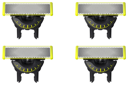 Philips OneBlade QP440/50 360 udskiftningsblade 4-pak, gule kanter, sorte baser, arrangeret i et gittermønster.