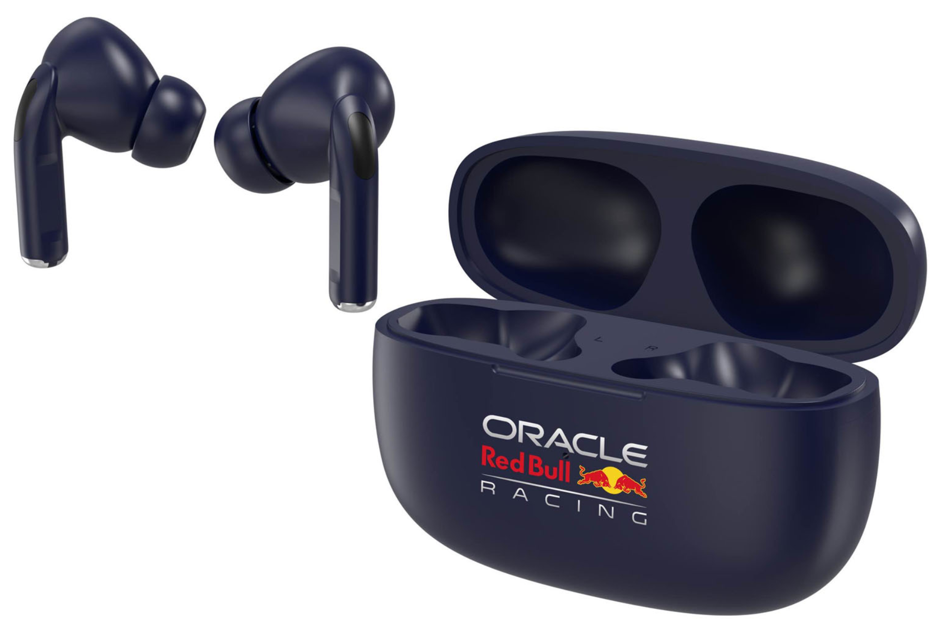 Oracle Red Bull Racing In-Ear trådløse hovedtelefoner blå med silikonepropper og åben opladeetui med teamlogo.