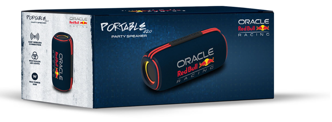 Red Bull Racing Bluetooth-højttaler æske blå, branding, billede af højttaler, ikoner for tilslutning, tekst Portable Pro Party Speaker.