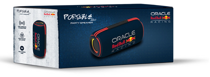 Red Bull Racing Bluetooth-højttaler æske blå, branding, billede af højttaler, ikoner for tilslutning, tekst Portable Pro Party Speaker.