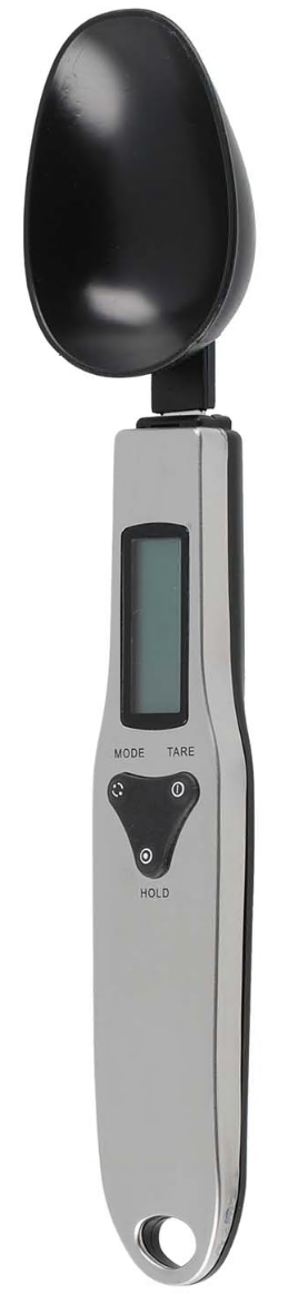 Digital måleske med sort ske, sølvhåndtag, LCD-display og knapper til mode, tare og hold.