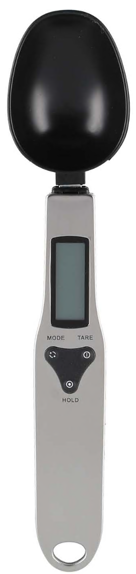 Digital måleske med sort ske, LCD-display, knapperne Mode, Tare og Hold på sølvfarvet håndtag.