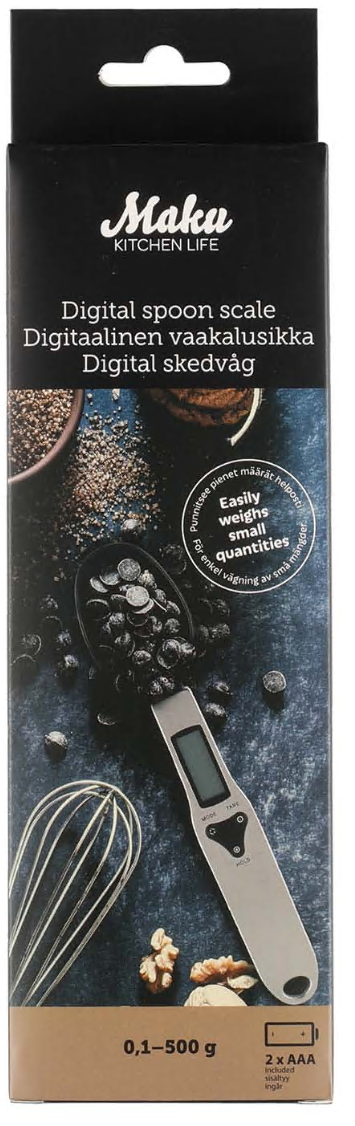 Digital måleske med kaffebønner, blå baggrund, vejer fra 0,1-500g, bruger 2 x AAA-batterier.