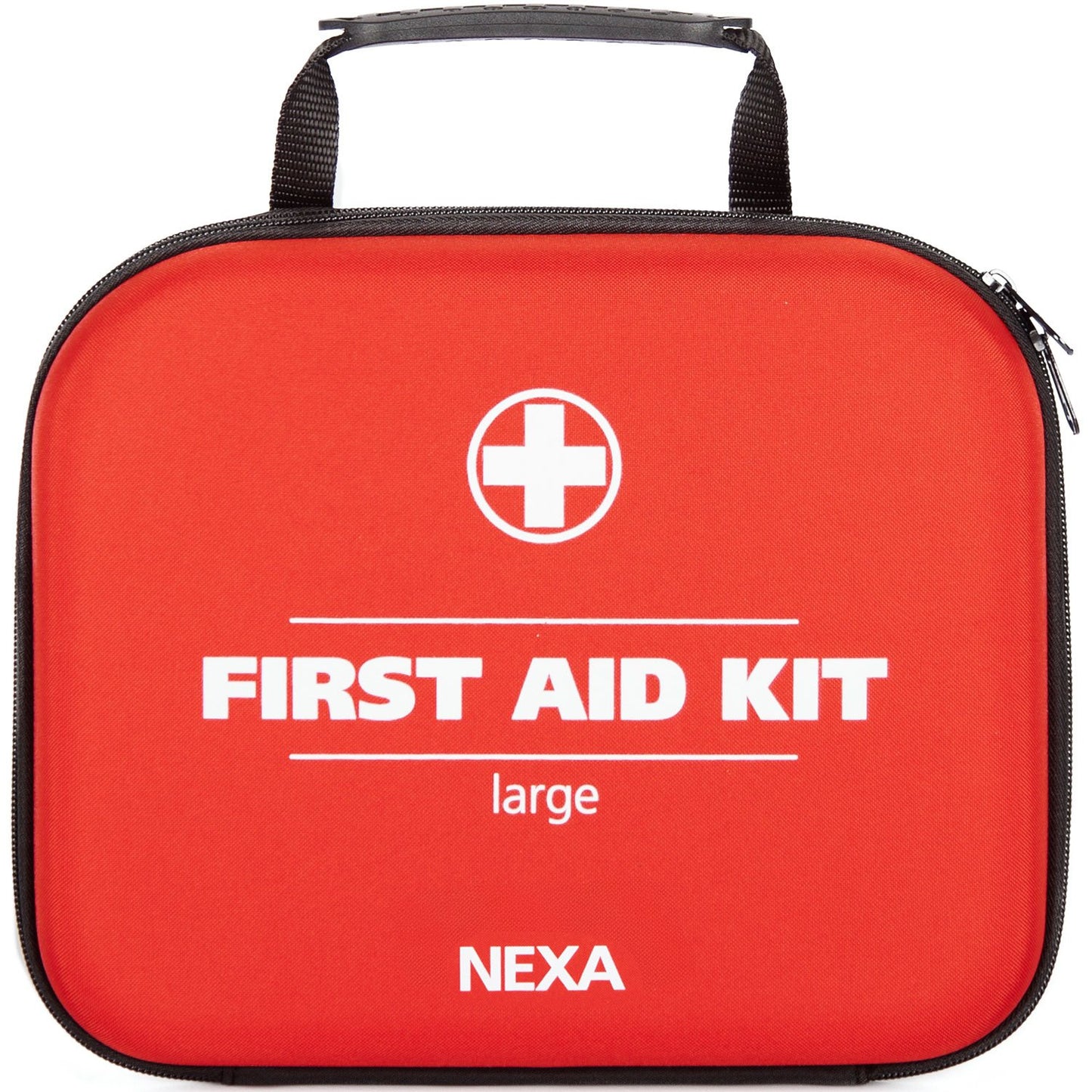Nexa Førstehjælpskasse Stor 64 dele rød med hvide medicinske kors, teksten "FIRST AID KIT", "NEXA" og sort bærehåndtag.