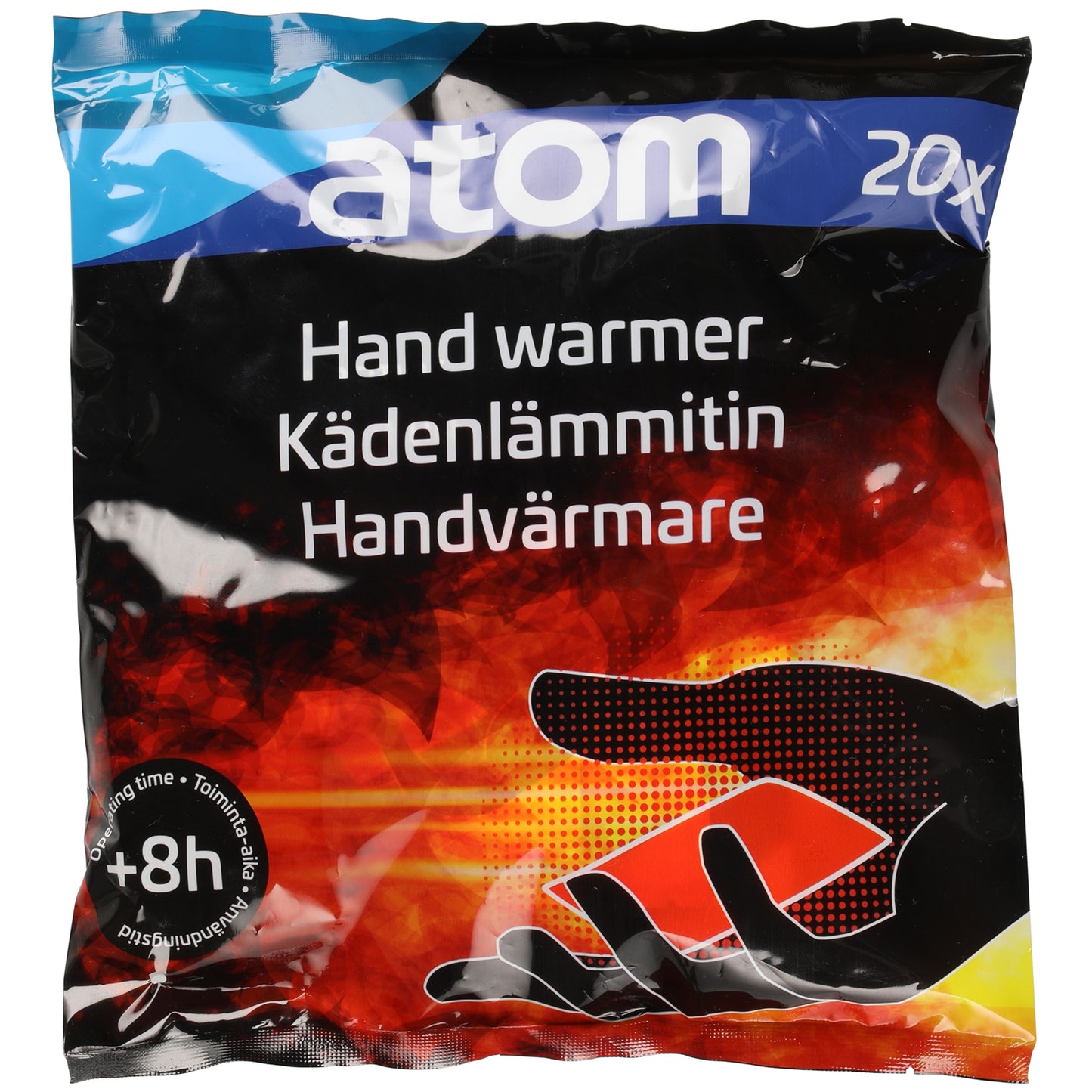 Engangs-håndvarmere 20 stk, emballage med hånd og rød varmer, tekst "Hand warmer", "20x", "+8h warming time.