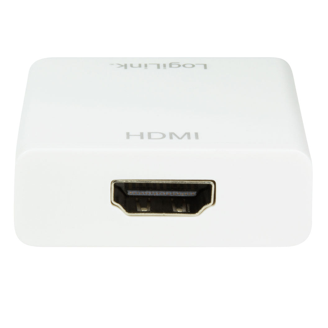Logilink USB-C til HDMI-hun adapter hvid, USB 3.1 Gen 1/HDMI 1.4, HDMI-port foran, delvist synligt Logilink-logo.