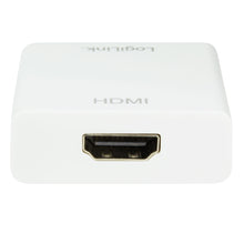 Logilink USB-C til HDMI-hun adapter hvid, USB 3.1 Gen 1/HDMI 1.4, HDMI-port foran, delvist synligt Logilink-logo.
