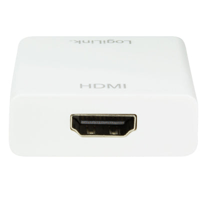 Logilink USB-C til HDMI-hun adapter hvid, USB 3.1 Gen 1/HDMI 1.4, HDMI-port foran, delvist synligt Logilink-logo.