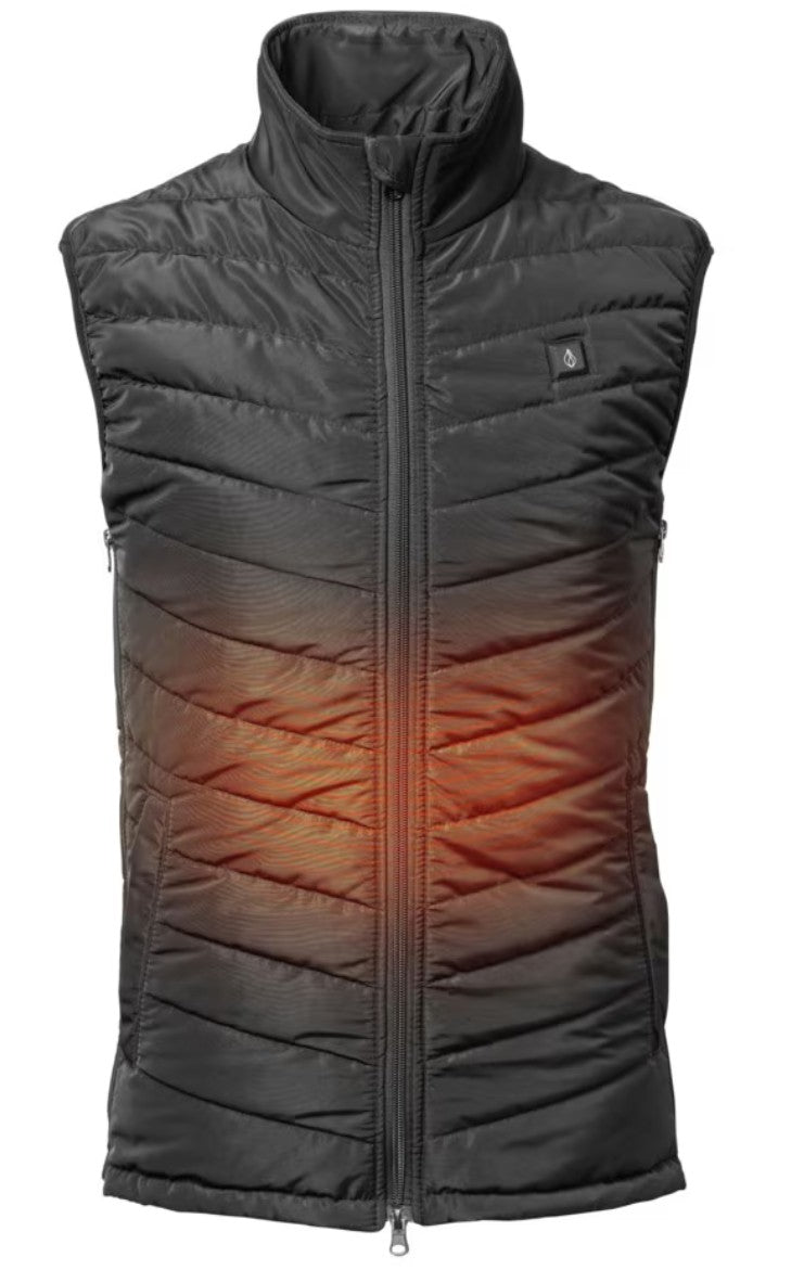 Opvarmet vest med lynlås, quiltet design, flamme-logo på bryst og orange varmezoner drevet af medfølgende powerbank.