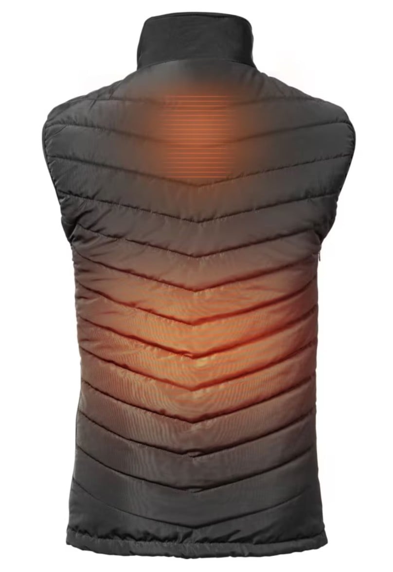 Opvarmet vest one size sort med synlige orange varmezoner på ryg, indbyggede varmezoner, strøm via powerbank.