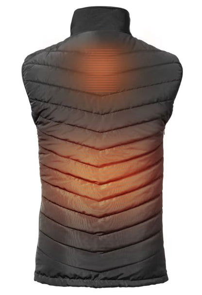 Opvarmet vest one size sort med synlige orange varmezoner på ryg, indbyggede varmezoner, strøm via powerbank.