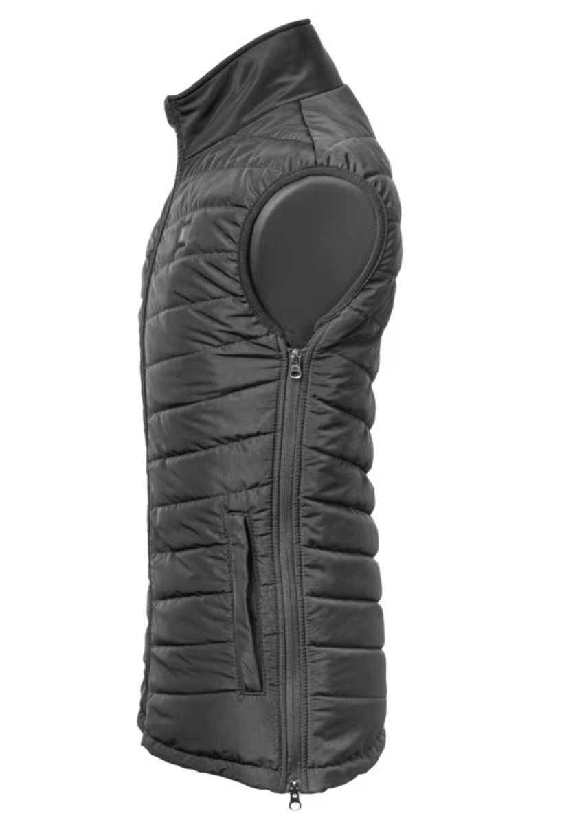 Opvarmet vest one size sort, quiltet design, varmezoner, lynlås foran, lynlåslomme, sidelukning fra armhule.