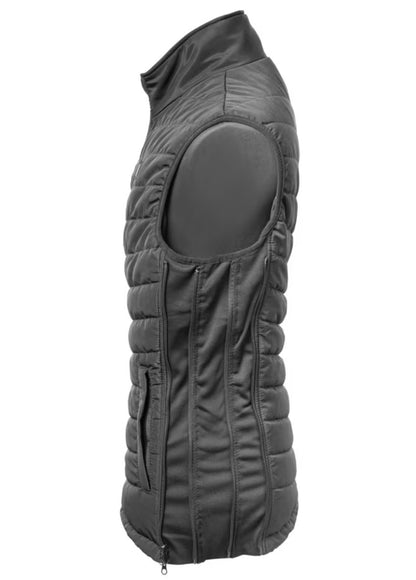 Opvarmet vest one size mørk, ærmeløs med quiltet design, høj krave, lynlås foran og sidelomme, varmezoner til powerbank.