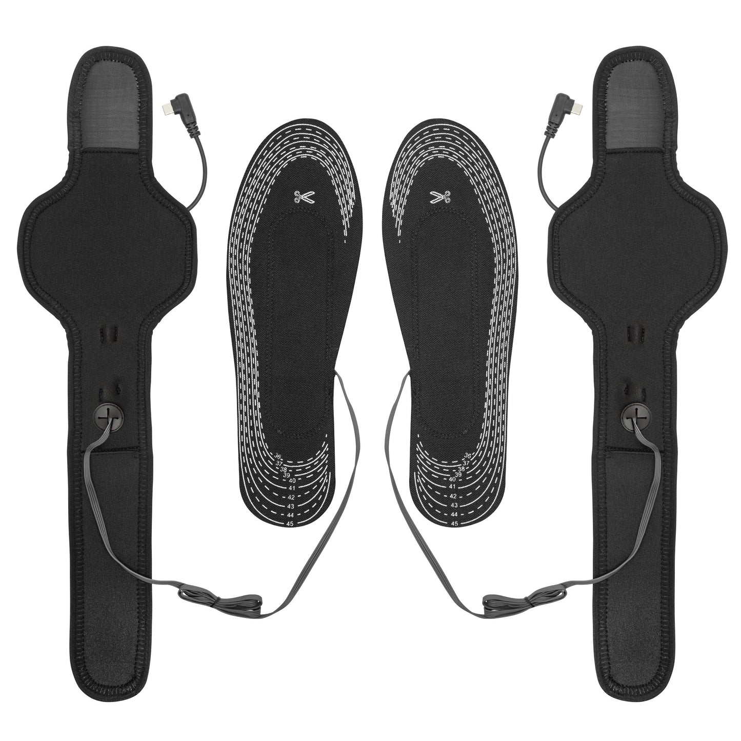 Luxorparts varmesåler til powerbank, sorte, el-varmeelementer, påmonterede ledninger, stik og justerbare remme.