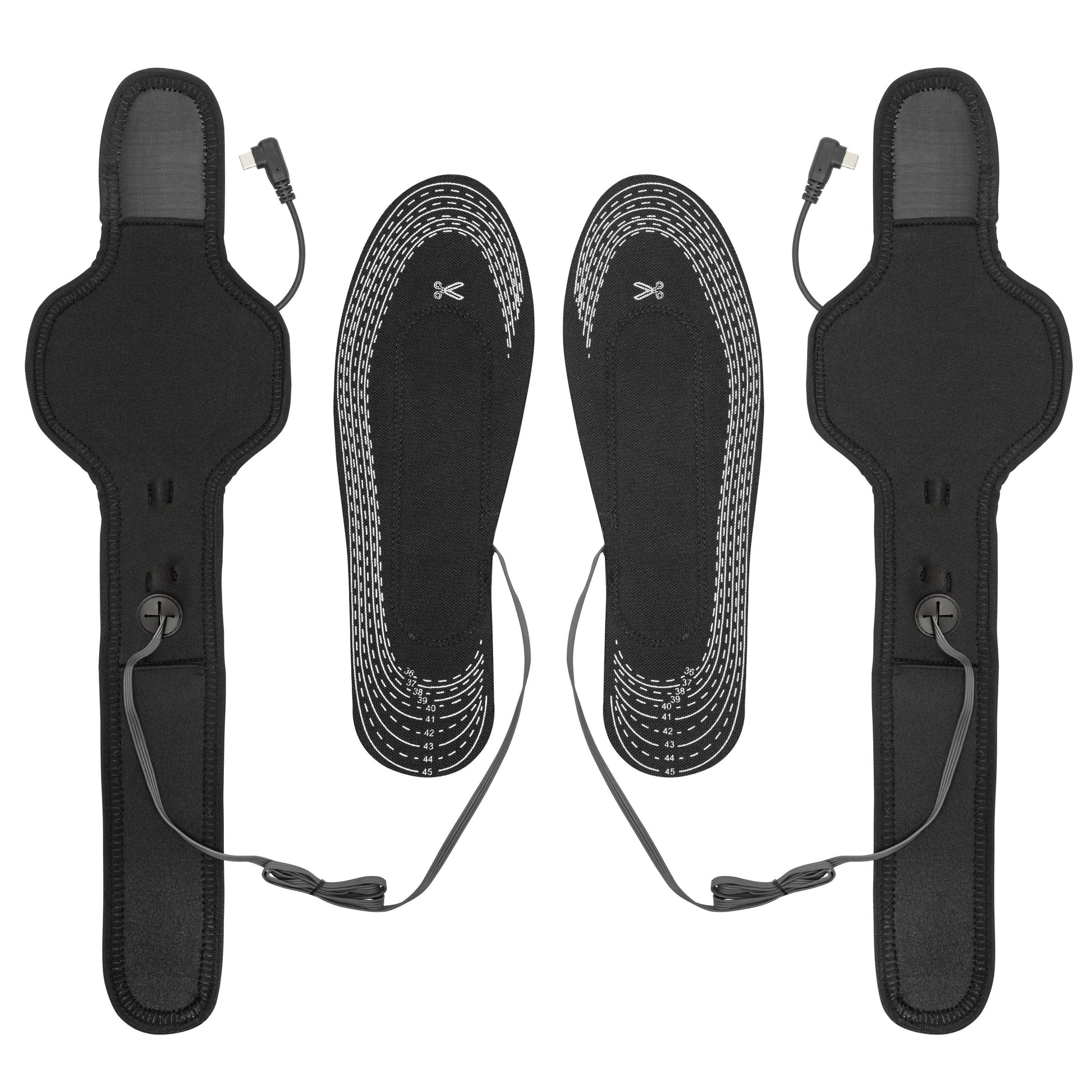 Luxorparts varmesåler til powerbank, sorte, el-varmeelementer, påmonterede ledninger, stik og justerbare remme.