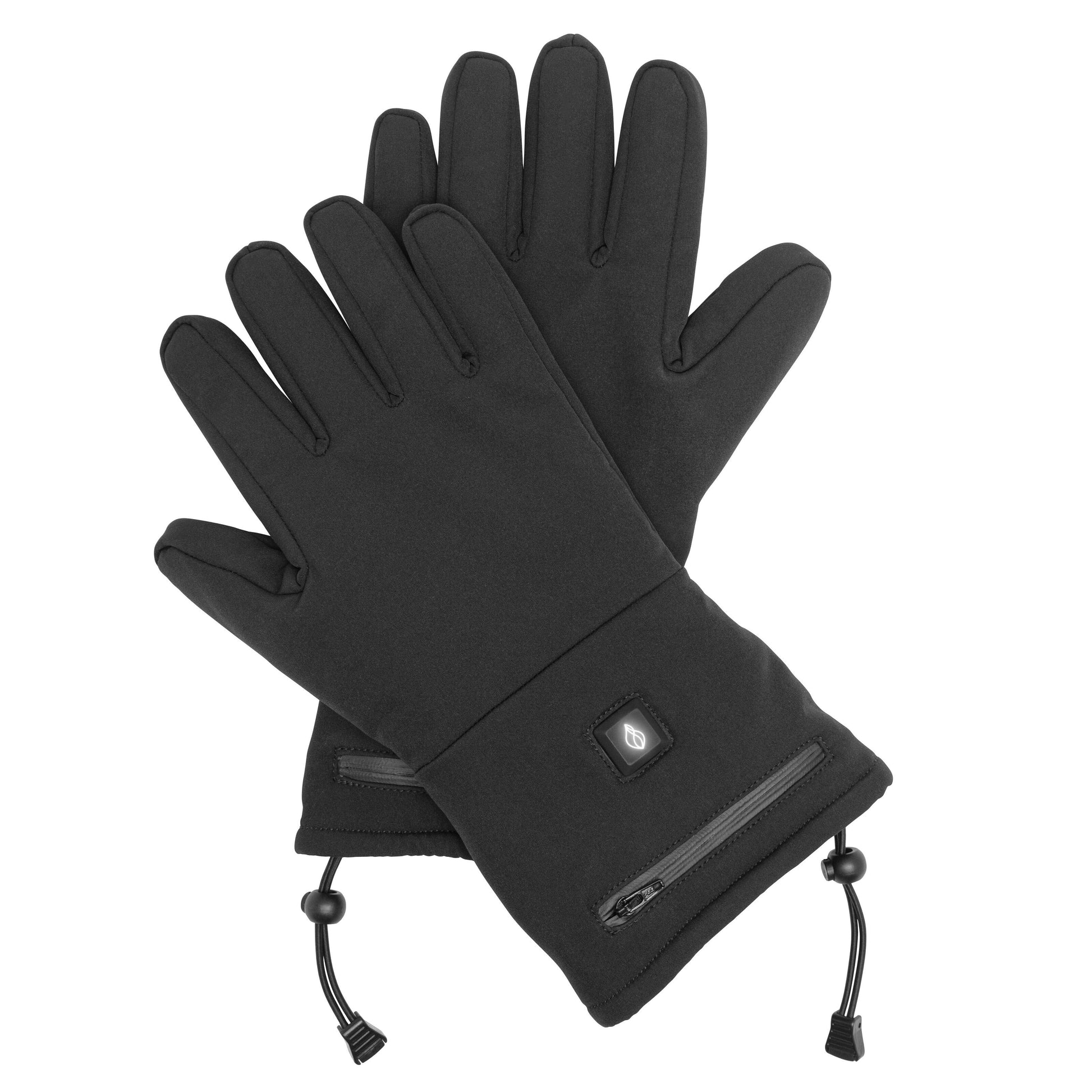 Touchscreen-handsker med varme, justerbare håndledssnore, lynlåslomme ved manchet, lille power-knap, sort model.