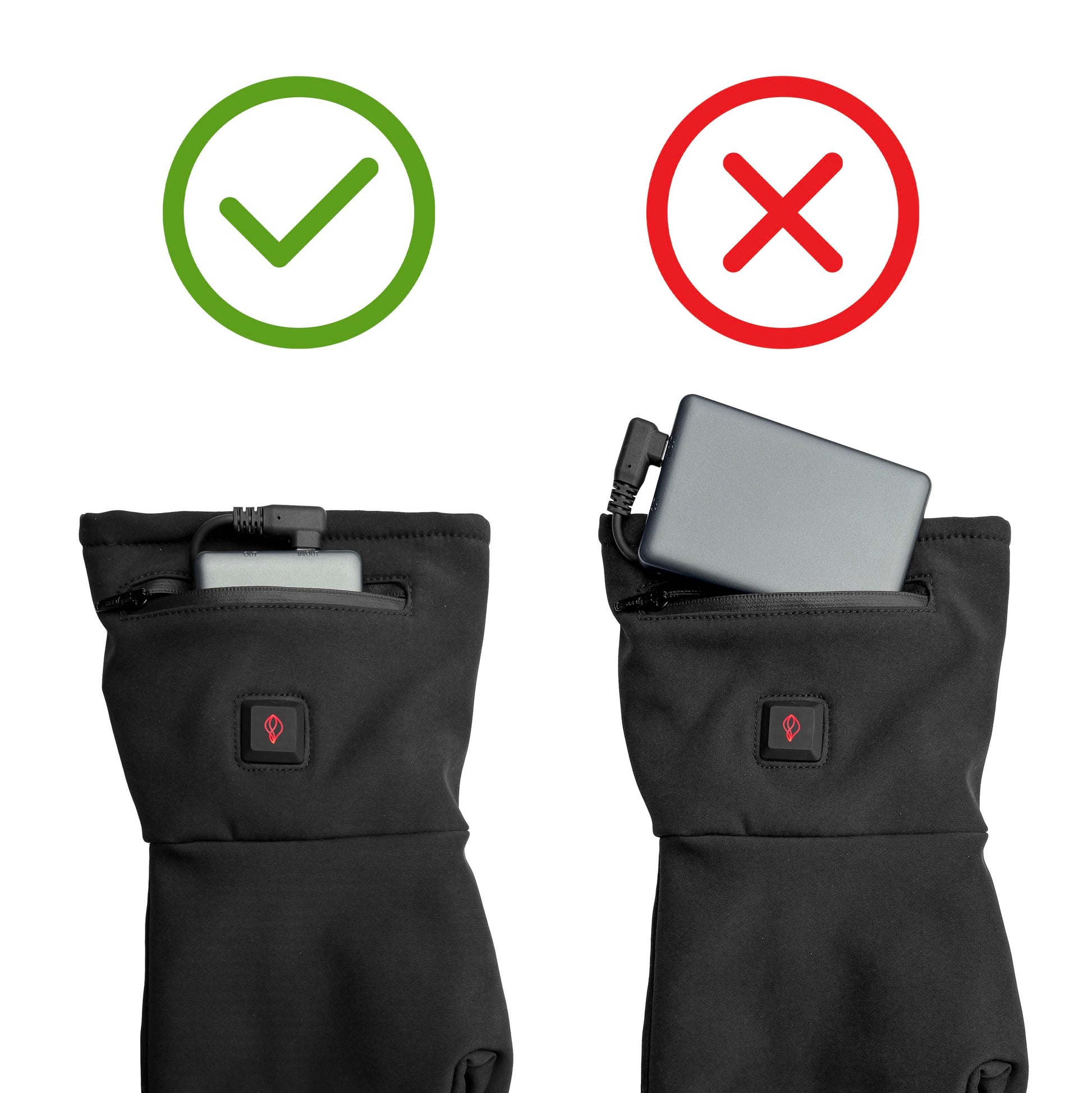 Sorte touchscreen-handsker med varme, hver med zip-lomme og powerbank, venstre med grønt flueben, højre rødt kryds.