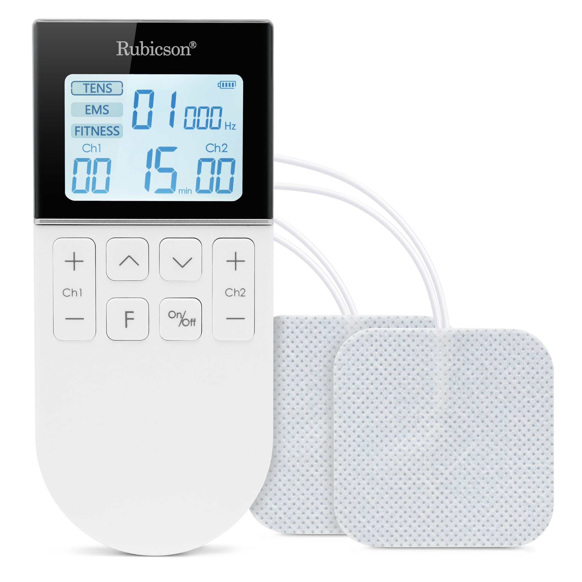 TENS/EMS muskelstimulator med display, knapper og 4 elektrodeplader til smertebehandling og muskelterapi.