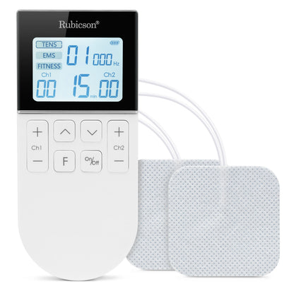 TENS/EMS muskelstimulator med display, knapper og 4 elektrodeplader til smertebehandling og muskelterapi.