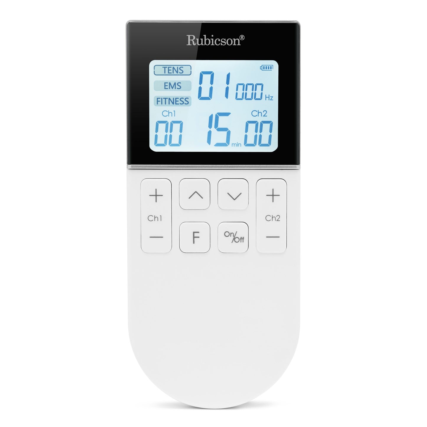TENS/EMS muskelstimulator med 4 elektrodeplader, display med smertebehandling, timer- og kanalkontrol, knapper under skærm.