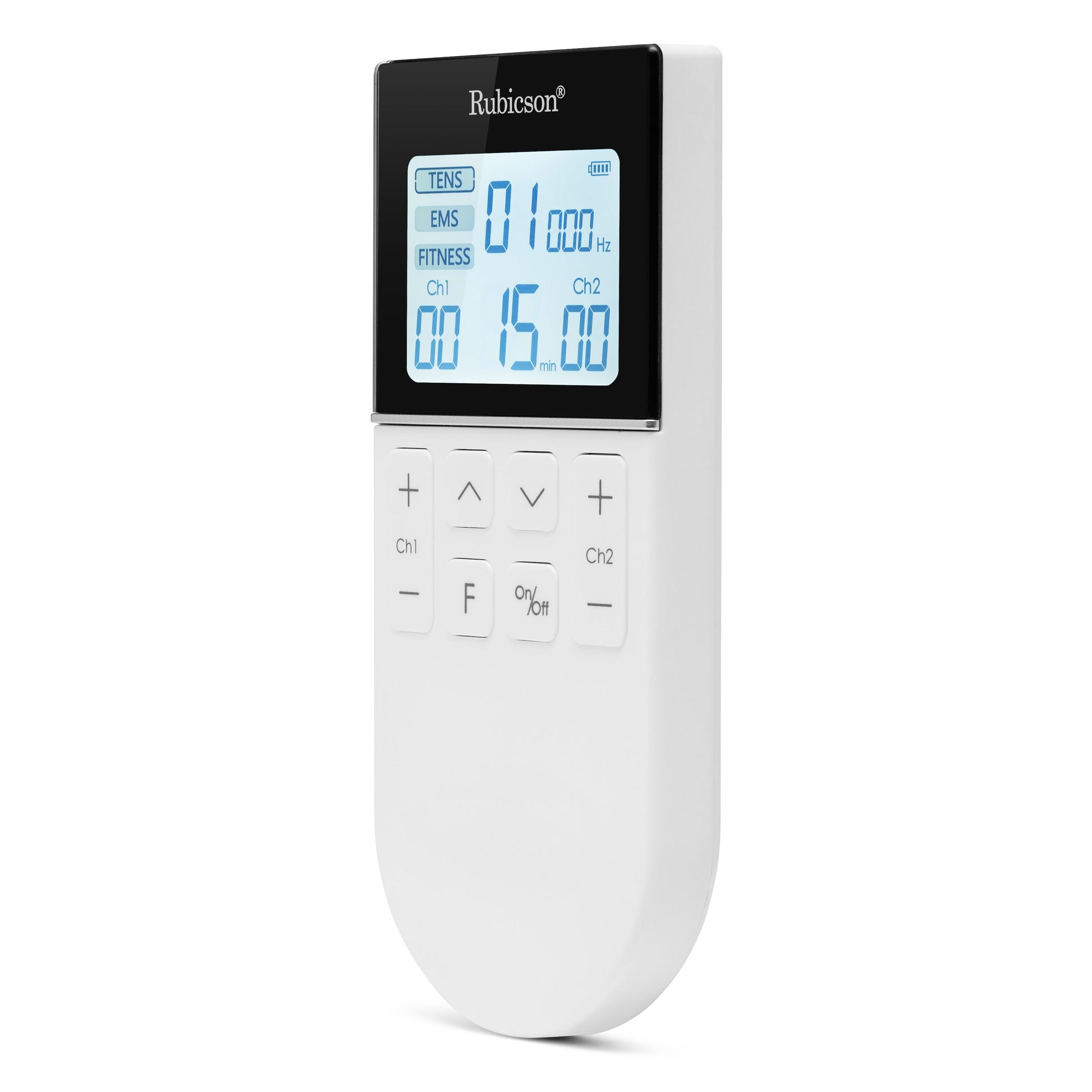 TENS/EMS-muskelstimulator med 4 elektrodeplader, display til TENS/EMS/FITNESS, knapper til kanaler, tilstande og strøm.
