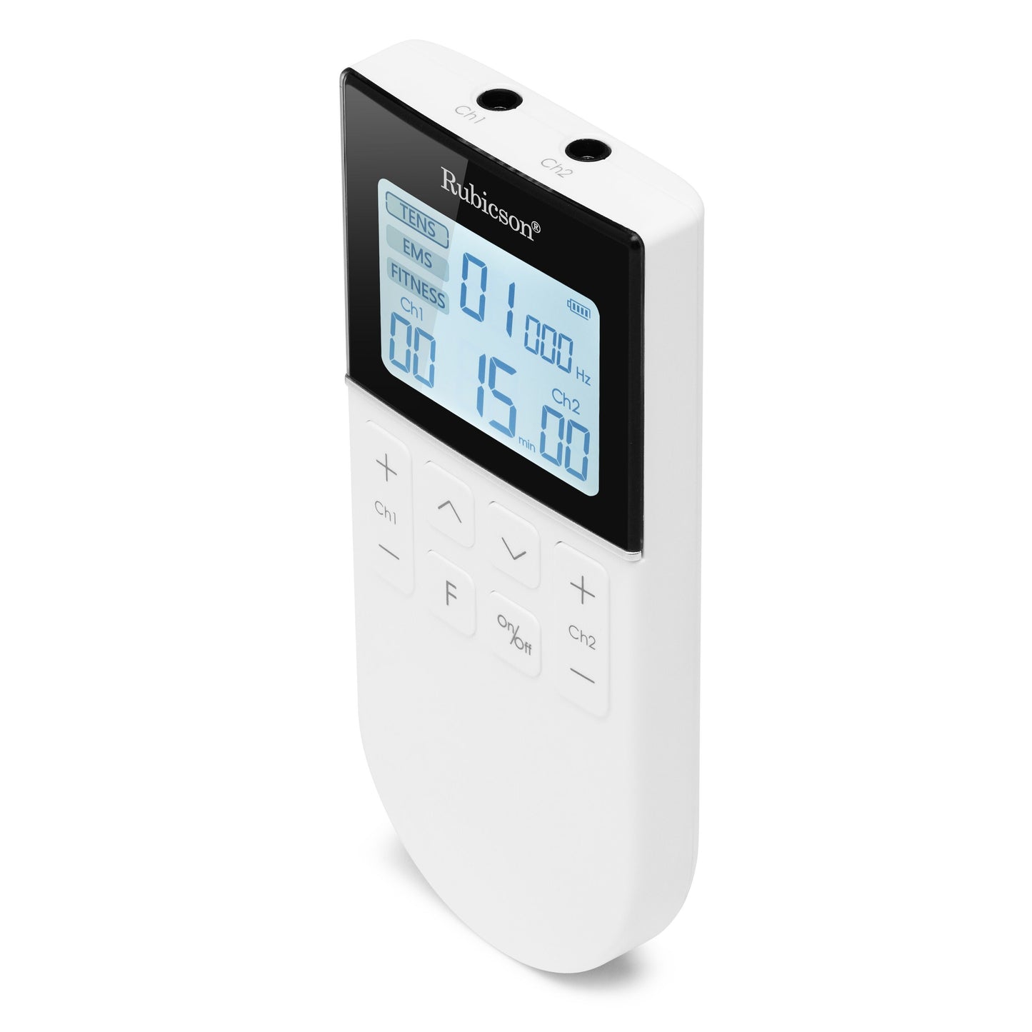 TENS/EMS-muskelstimulator med 4 elektrodeplader, digitalt display samt knapper til kanaler og indstillinger.