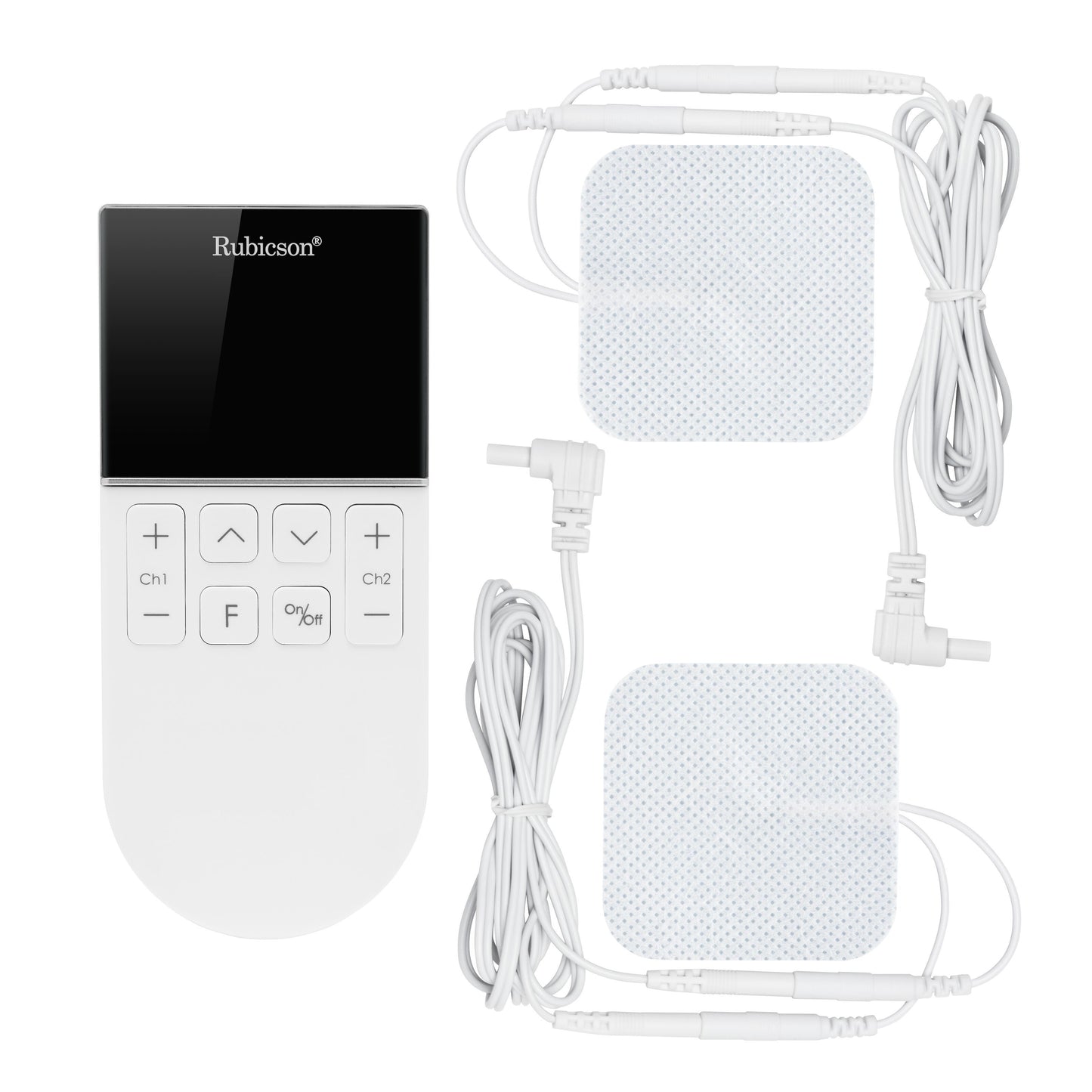 Rubicson TENS/EMS-muskelstimulator hvid med sort skærm, knapper og fire elektrodepuder.