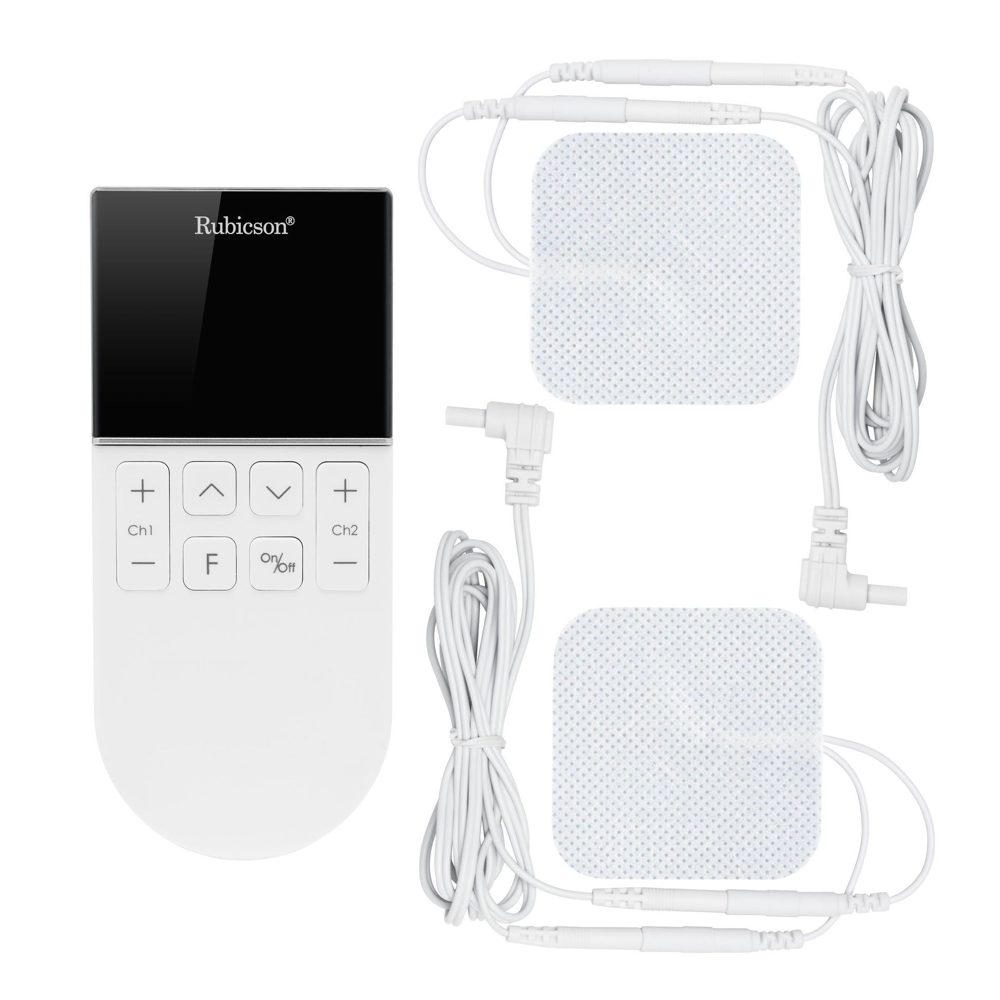 Rubicson TENS/EMS-muskelstimulator hvid med sort skærm, knapper og fire elektrodepuder.