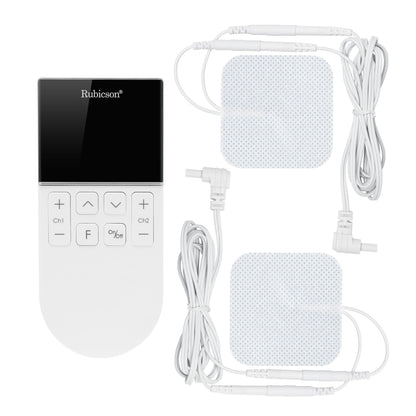 Rubicson TENS/EMS-muskelstimulator hvid med sort skærm, knapper og fire elektrodepuder.