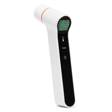 Rubicson febertermometer til øre og pande, hvid med sort front, grøn LED viser 36,6°C, "mem" og tænd/sluk-knap.