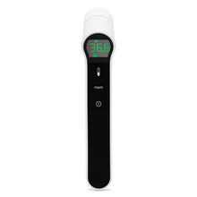 Rubicson febertermometer til øre og pande, sort front, grøn LED-skærm med 36,6°C, mem- og tænd/sluk-knapper under display.