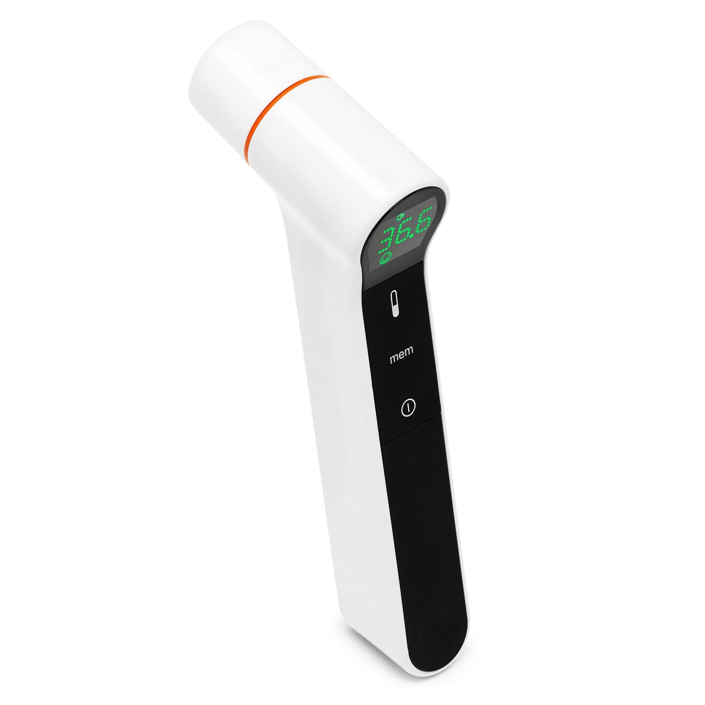 Rubicson febertermometer til øre og pande, hvid med sort display og grøn skærm der viser 36,6°C.