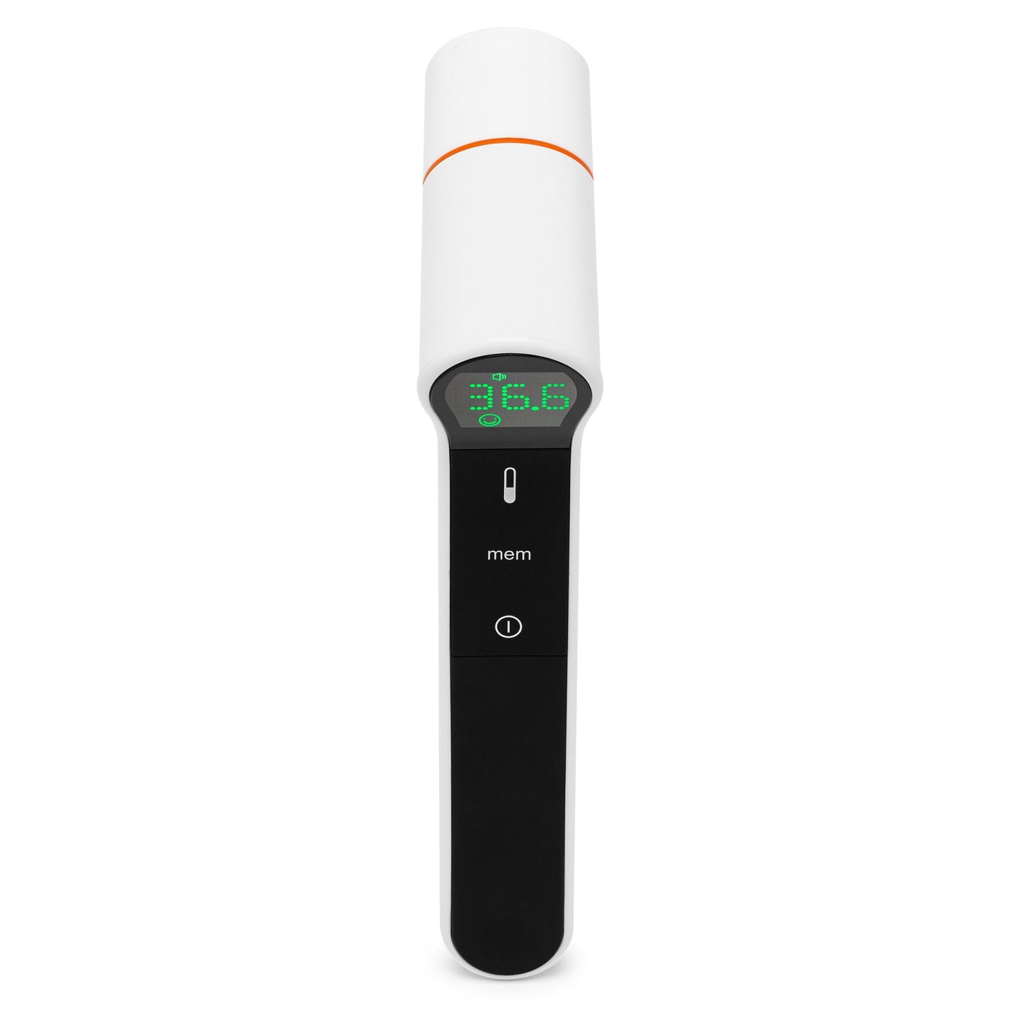 Rubicson øre- og pandetermometer med sort håndtag, display viser 36.6, hukommelse-/tændknapper.