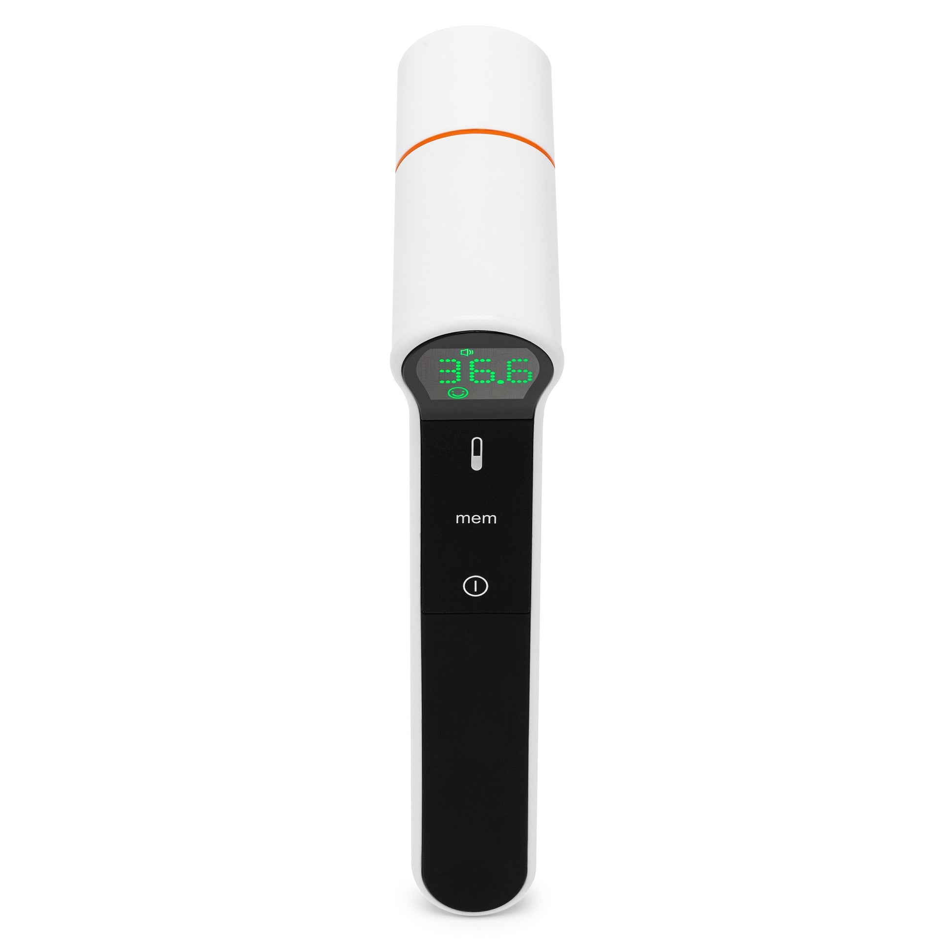 Rubicson øre- og pandetermometer med sort håndtag, display viser 36.6, hukommelse-/tændknapper.