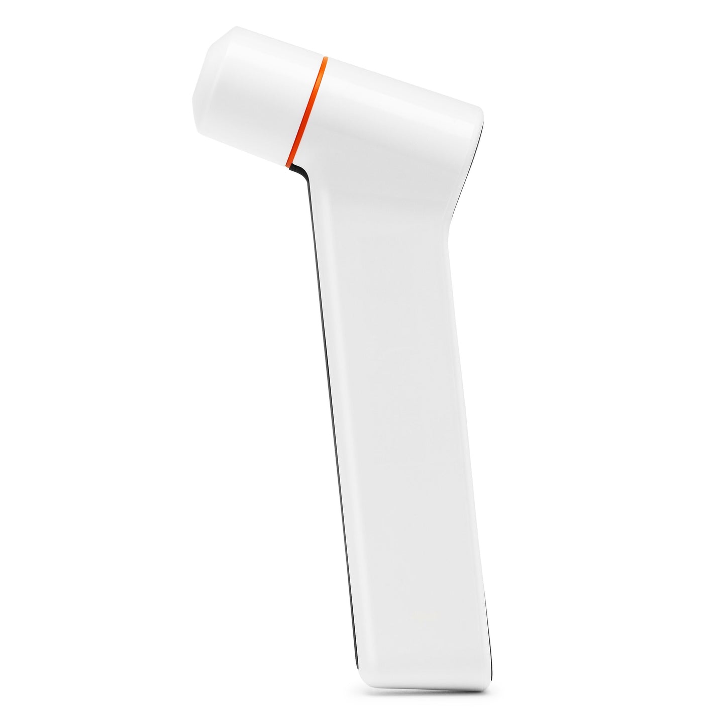 Rubicson febertermometer til øre og pande, hvid, håndholdt med vinklet design og orange detaljekant.