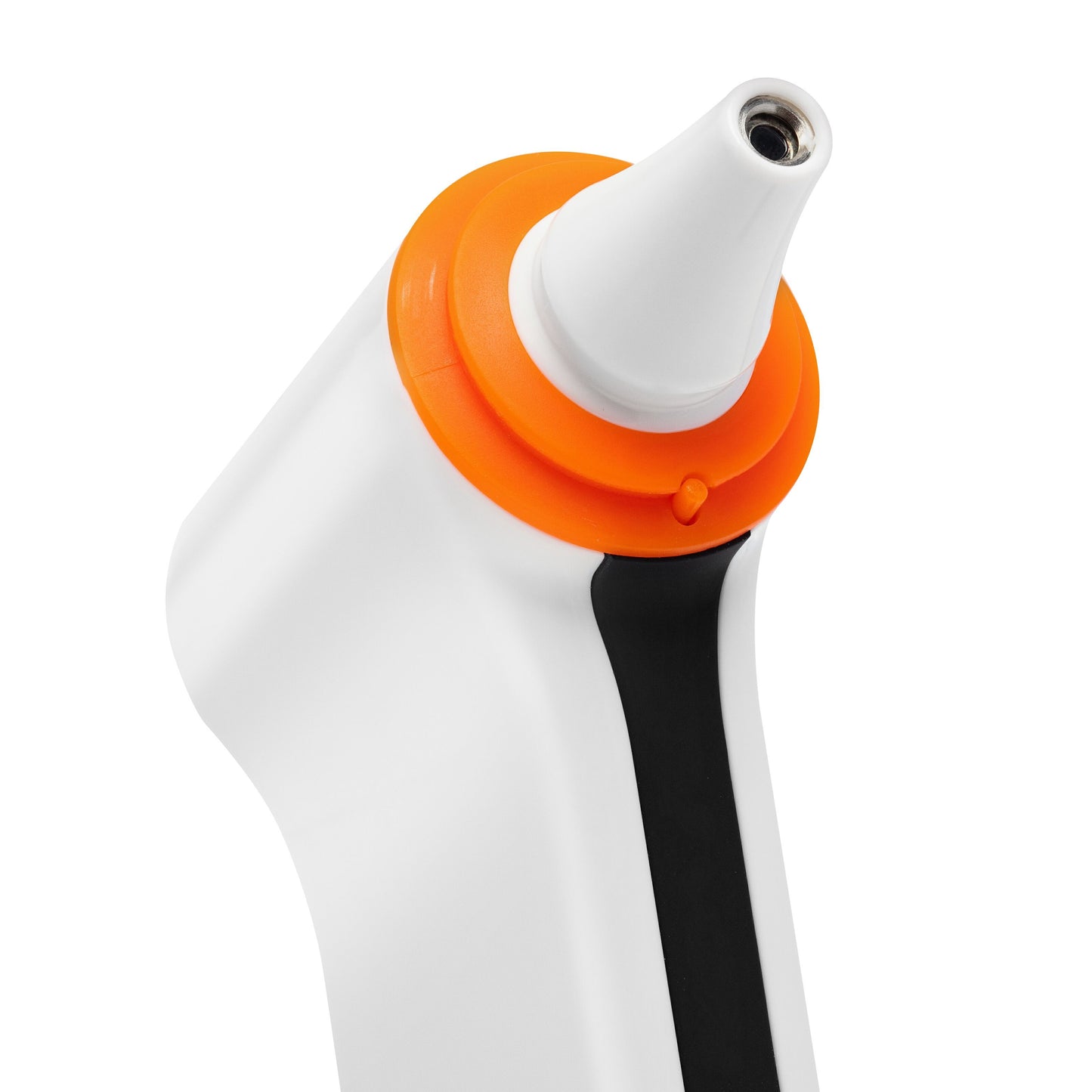 Rubicson Febertermometer til øre og pande, digital, hvid/orange, sort greb, spids probe, close-up vinkel.