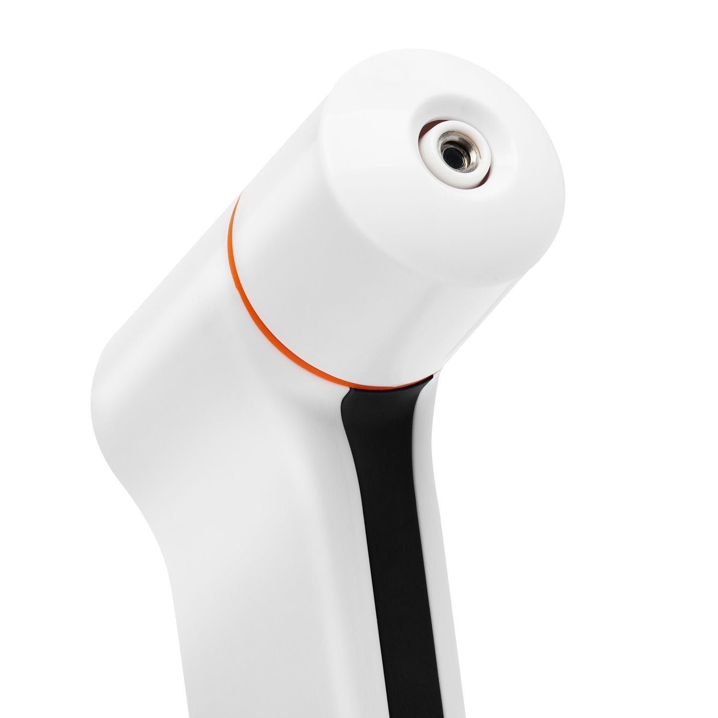 Rubicson febertermometer til øre og pande, hvid med rund metalåbning, orange ring og sort detalje.