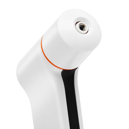 Rubicson febertermometer til øre og pande, hvid med rund metalåbning, orange ring og sort detalje.