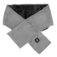 Rubicson grå, opvarmet halsedisse til powerbank med sort indvendigt for, krydsede ender og patch med strømsymbol.
