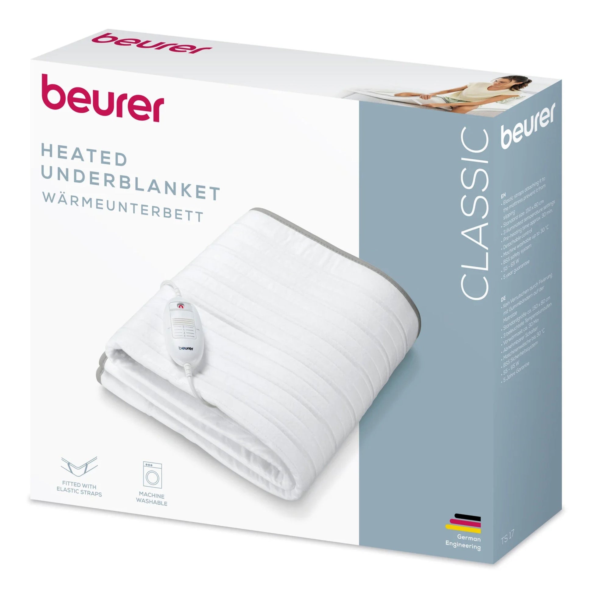 Beurer elektrisk sengevarmer Classic TS17 150x80 cm, fleeceunderdyne med styring, elastikstropper, maskinvaskbar.
