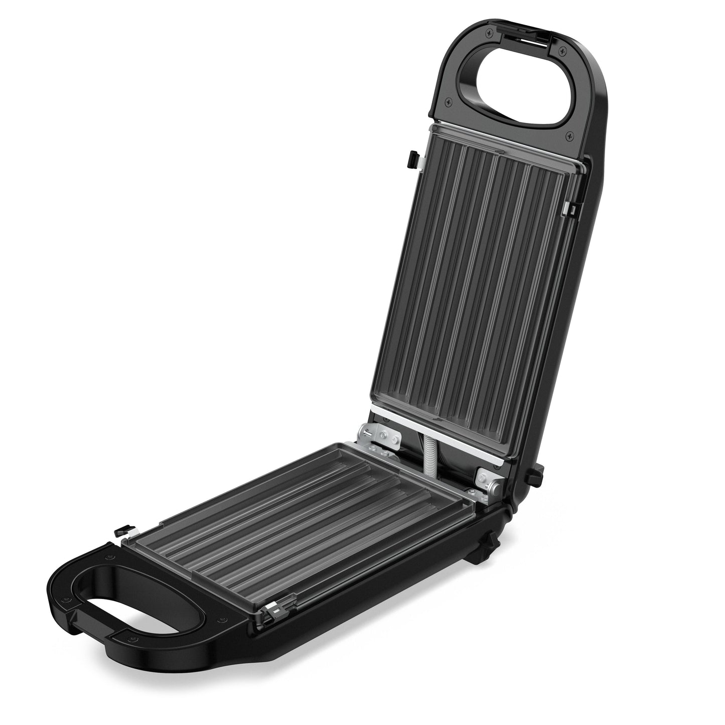 Rubicson churrosjern elektrisk sandwichejern sort, åbent 180°, rillede nonstick-plader til grill eller toast.