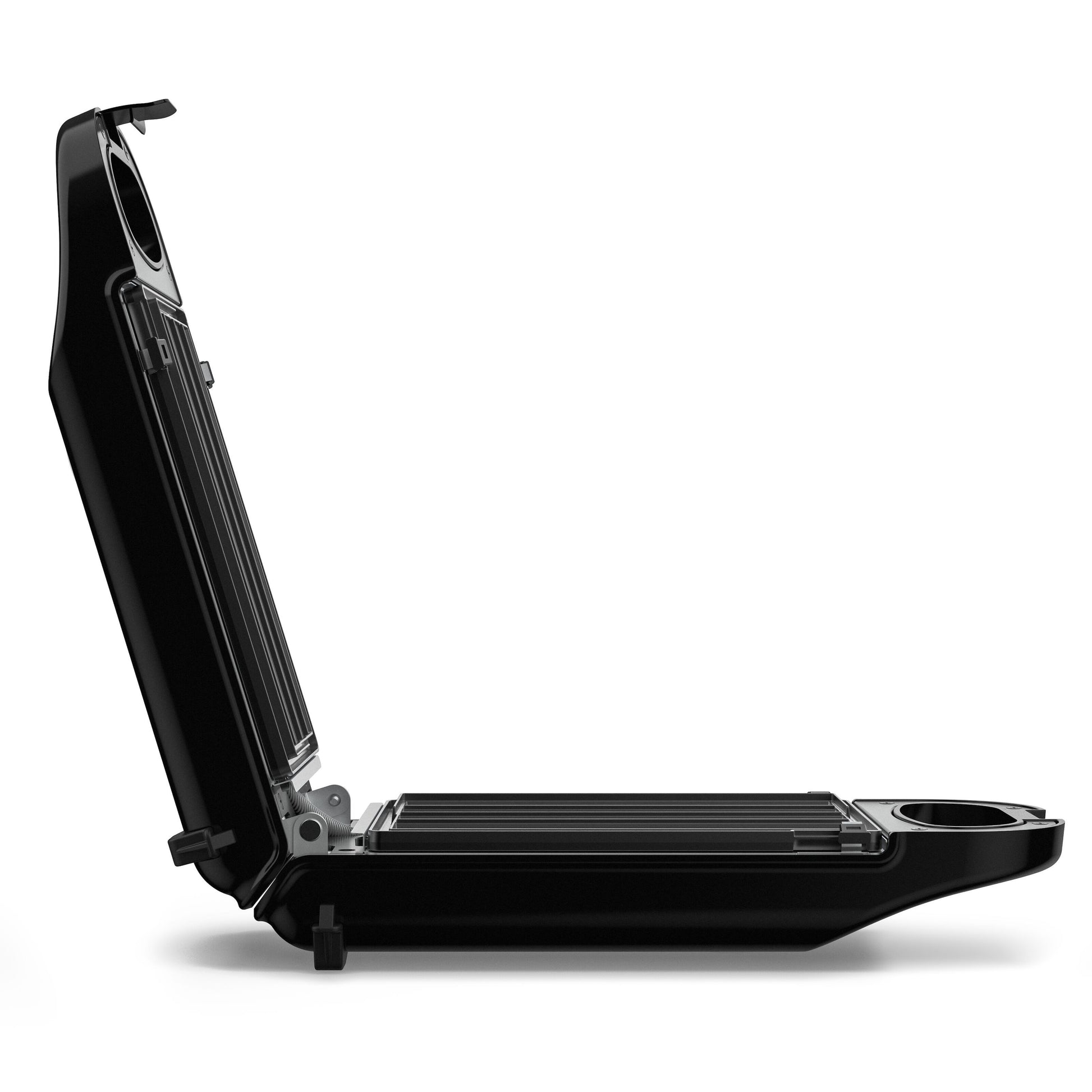 Rubicson Churrosjern elektrisk kontaktgrill, åben sideprofil, rillede nonstick-plader, hængsel og drypbakke.