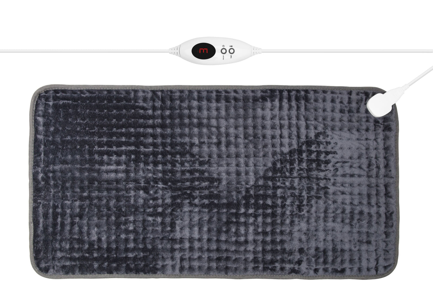 Stor varmepude 85x45 cm, rektangulær, mørkegrå med tekstur og hvid controller med knapper og digitalt display.