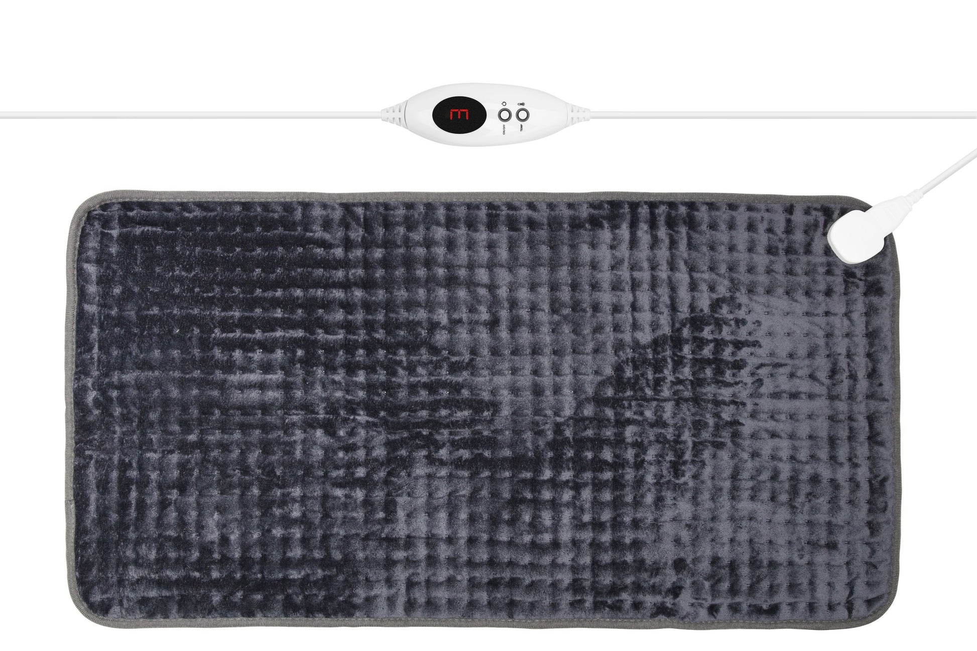 Stor varmepude 85x45 cm, rektangulær, mørkegrå med tekstur og hvid controller med knapper og digitalt display.